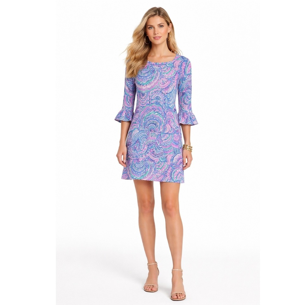 Lilly‎ Pulitzer Ruffle Dress Pink Blue Tropical Vacation Yacht 60s Style XS
